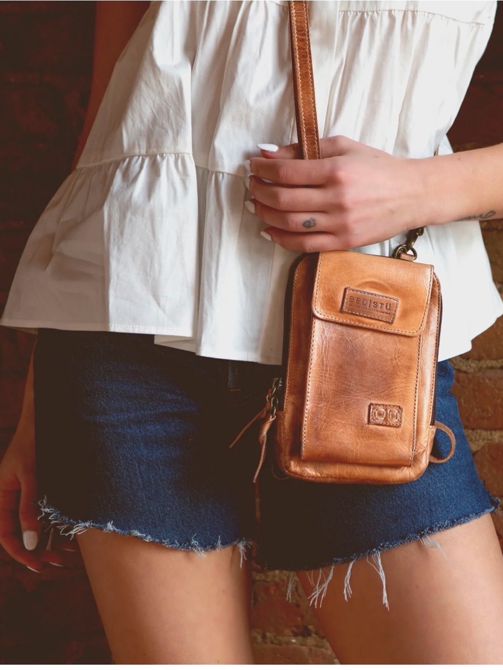 Bed Stu Distressed Tan Leather Crossbody Phone Pouch